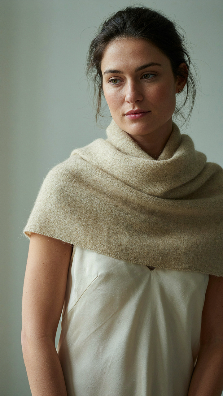 A wool shawl is draped around a woman's neck and back, blocking drafts.