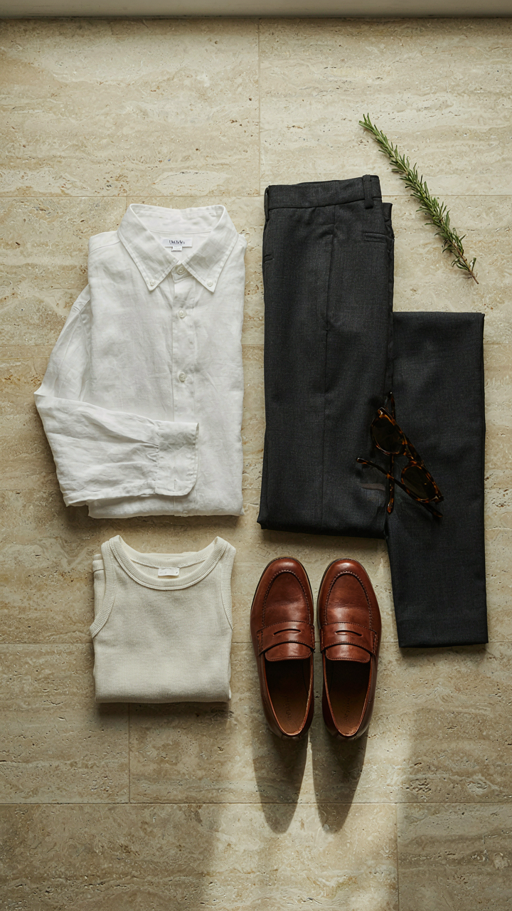 A flat lay shows versatile core clothing items like a linen shirt and trousers.