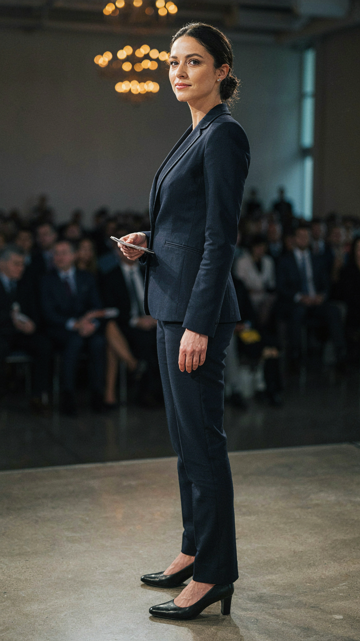 A professional woman in a navy blazer with architectural seams at a corporate event.