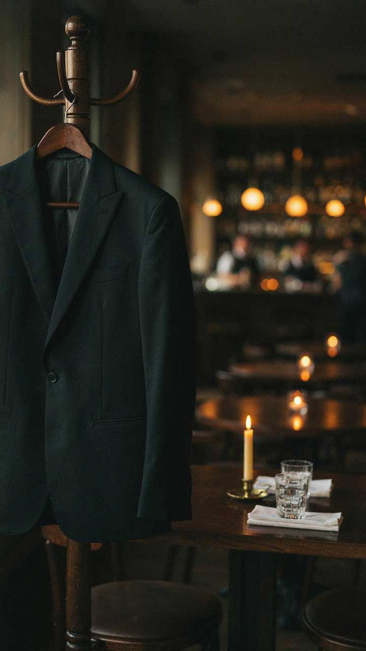 A tailored black blazer with a cinched waist hangs in a dimly lit restaurant.