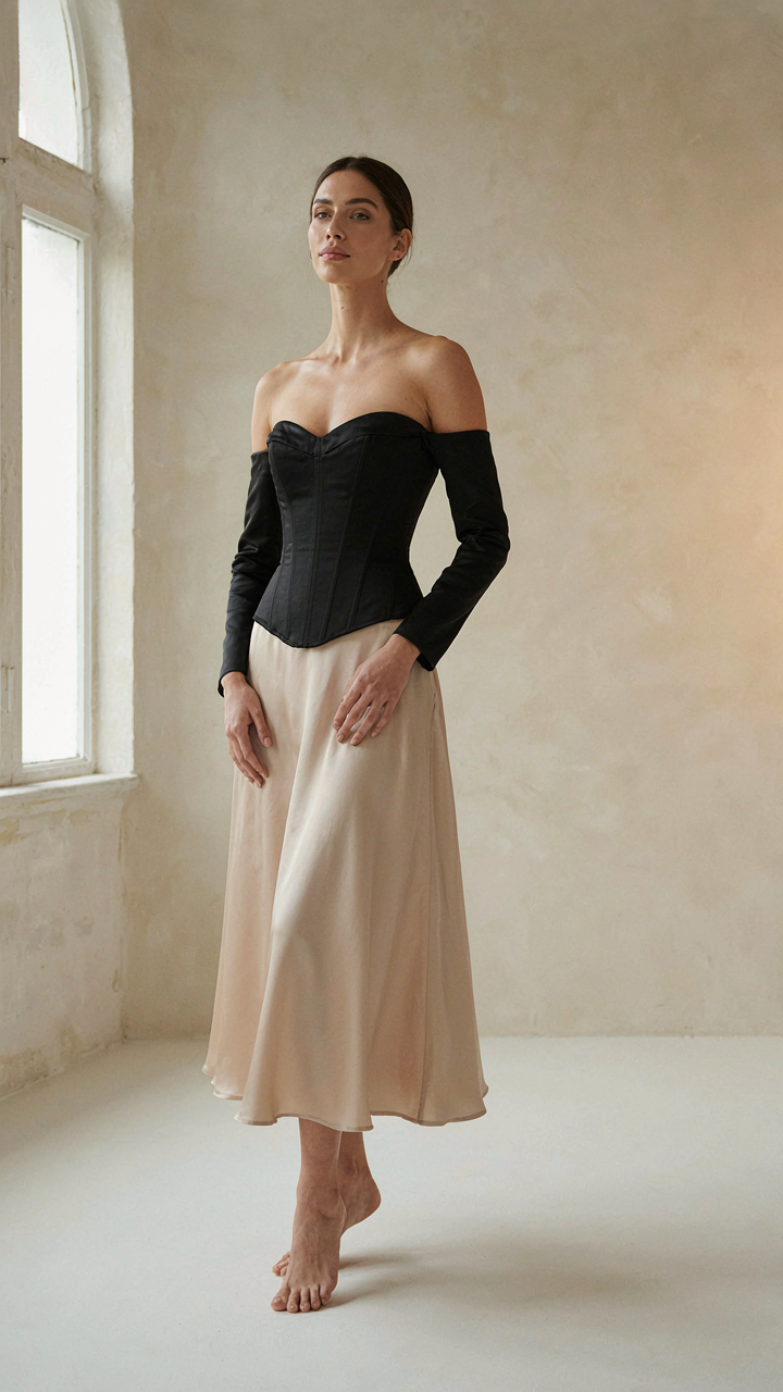 A fitted corset top paired with a flowing silk midi skirt for elegant contrast.