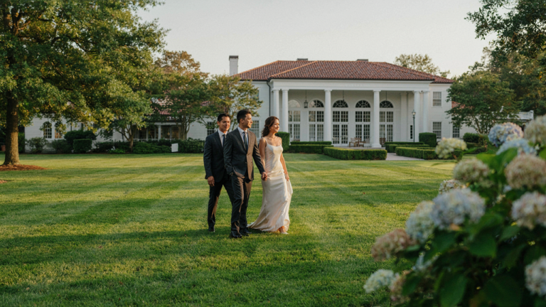 A formally dressed couple approaches a grand country club building at dusk.
