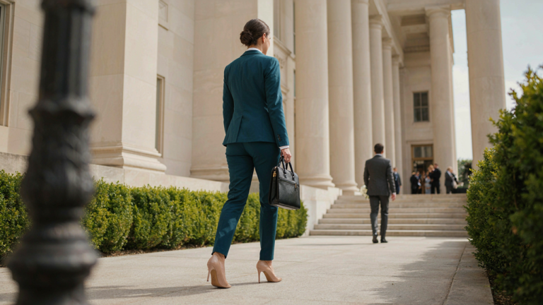 Person in a deep teal suit walks from a modern courthouse.