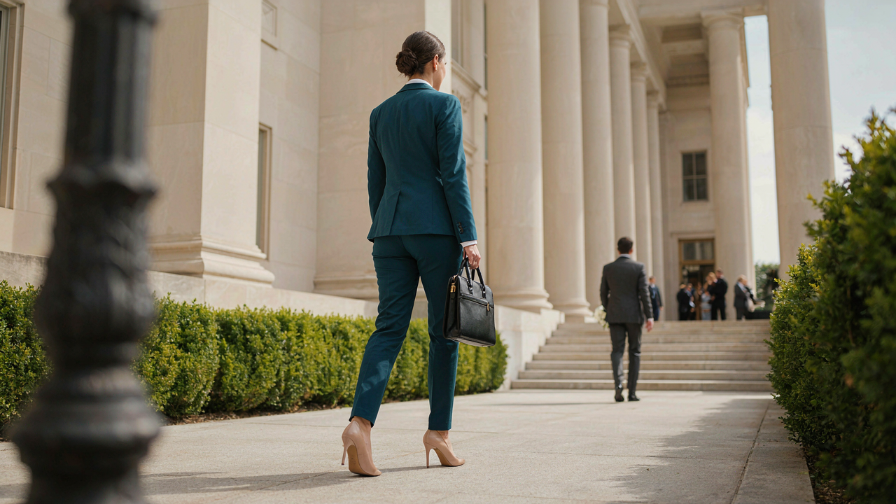 Person in a deep teal suit walks from a modern courthouse.