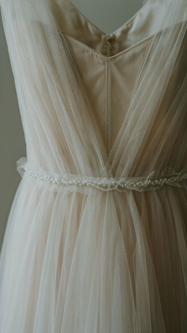Close-up of a tulle dress interior shows reinforced seams and layers.