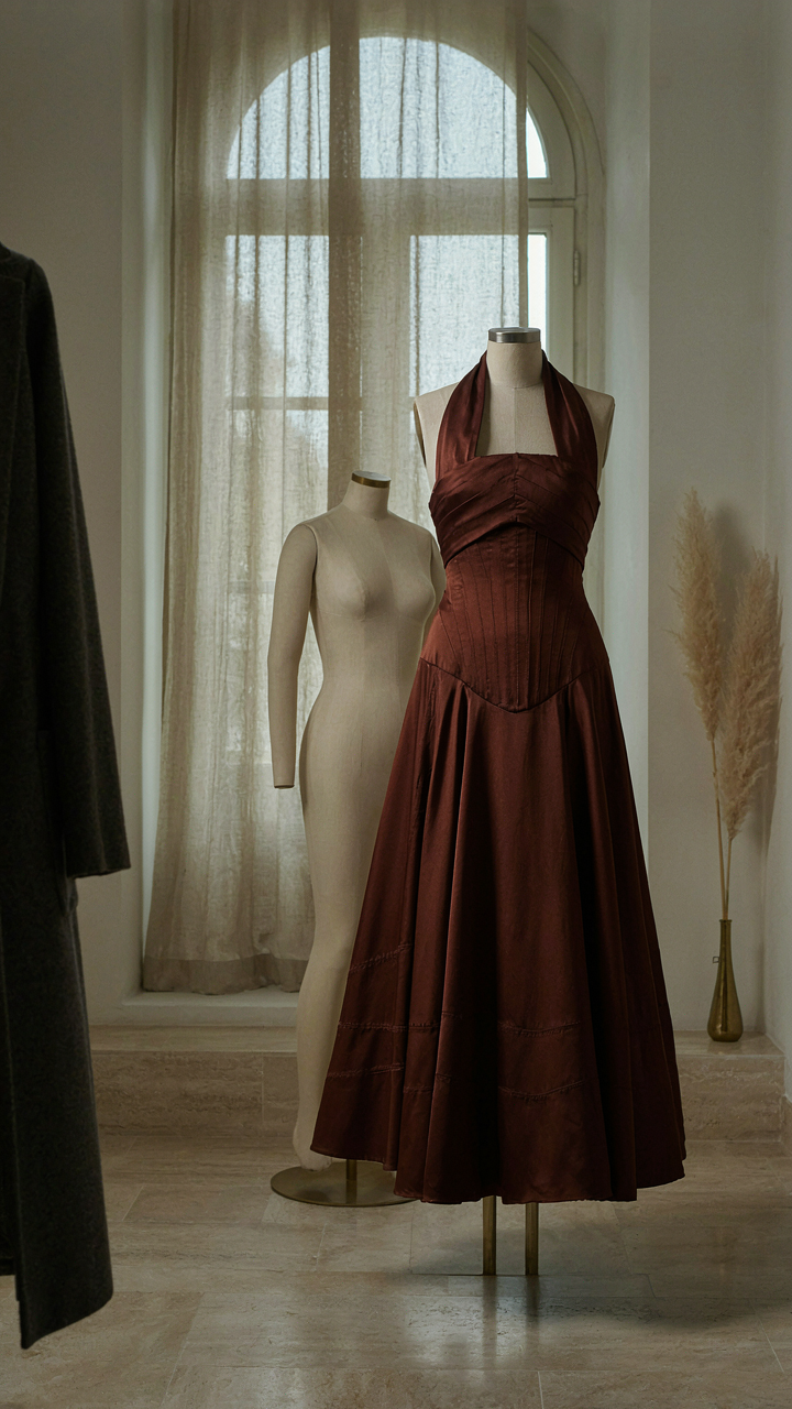 Unique, sculptural couture halter cocktail dress displayed in a designer showroom.