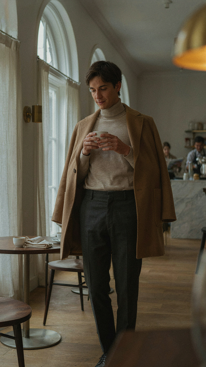 A person in a fitted wool turtleneck and tailored coat stands confidently in a cafe.