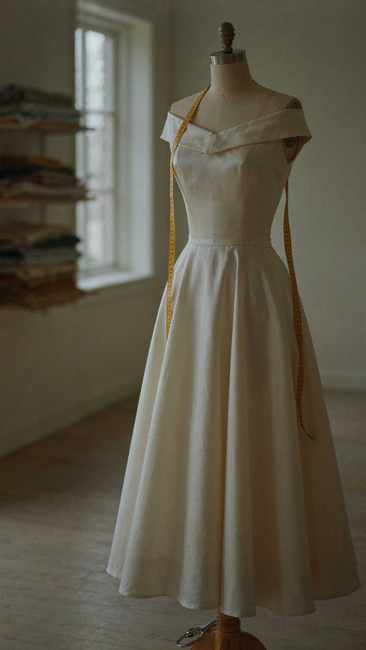 Measuring tape draped over an off-shoulder 1950s cocktail dress on a form.