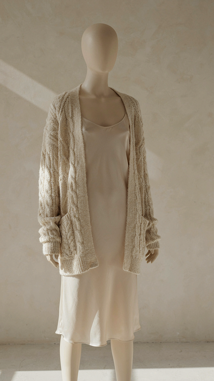 Cream cable-knit cardigan over a smooth cream silk slip dress.