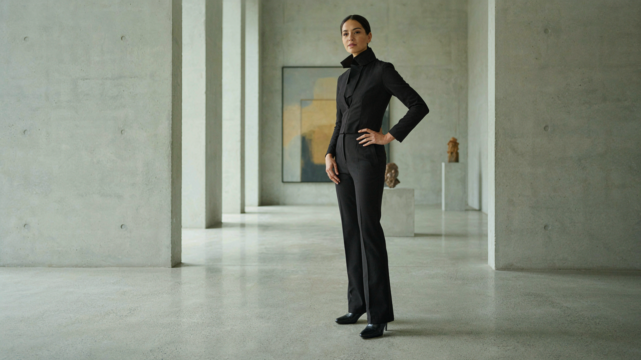 Woman in a structured jumpsuit in a modern gallery, embodying creative black tie attire.