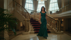 Woman in an elegant gown walking down a grand staircase on a cruise ship.