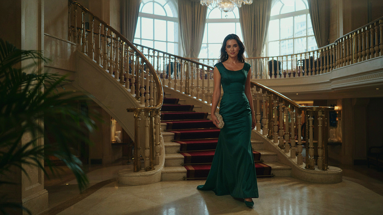 Woman in an elegant gown walking down a grand staircase on a cruise ship.