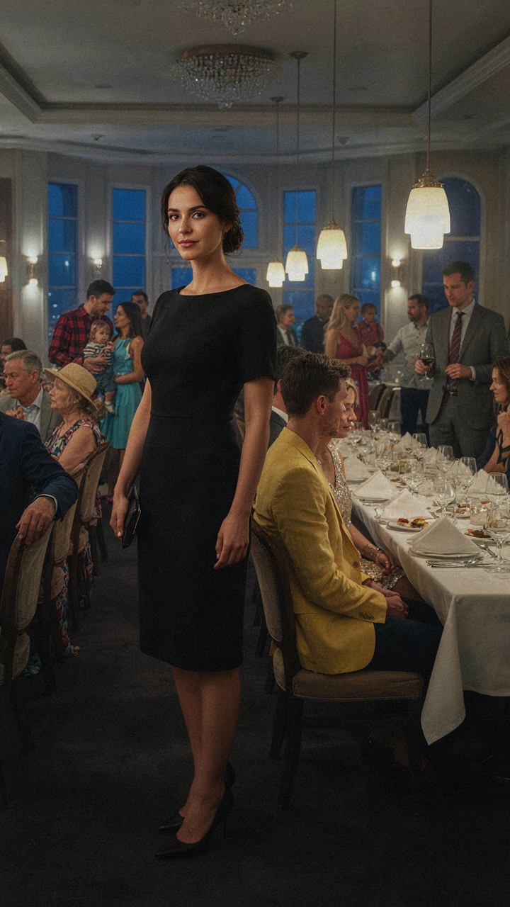 Woman in a tailored black dress in a busy cruise dining room.
