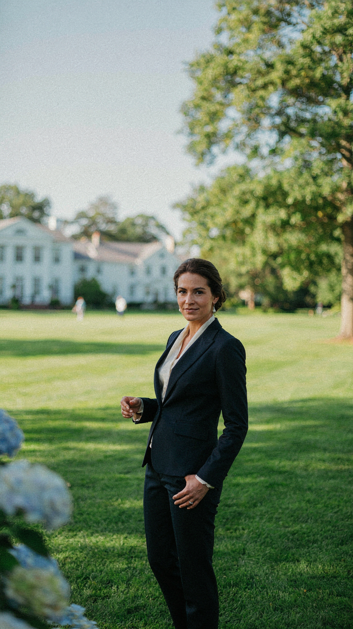 A woman in a navy blazer and silk blouse shows confident country club style.