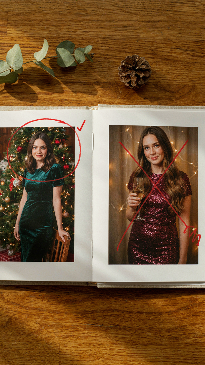 A photo album shows pictures of past holiday party outfits, some circled, some crossed out.