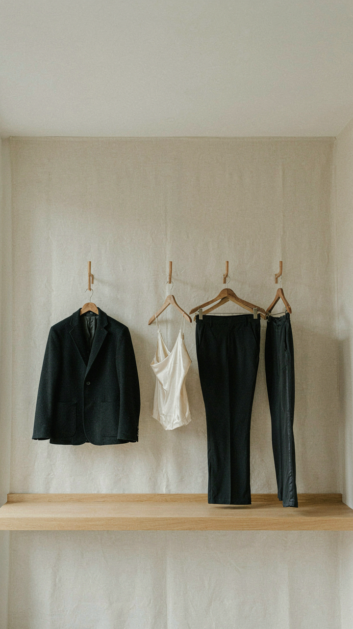 An organized capsule wardrobe with a blazer, camisole, and trousers on hangers.