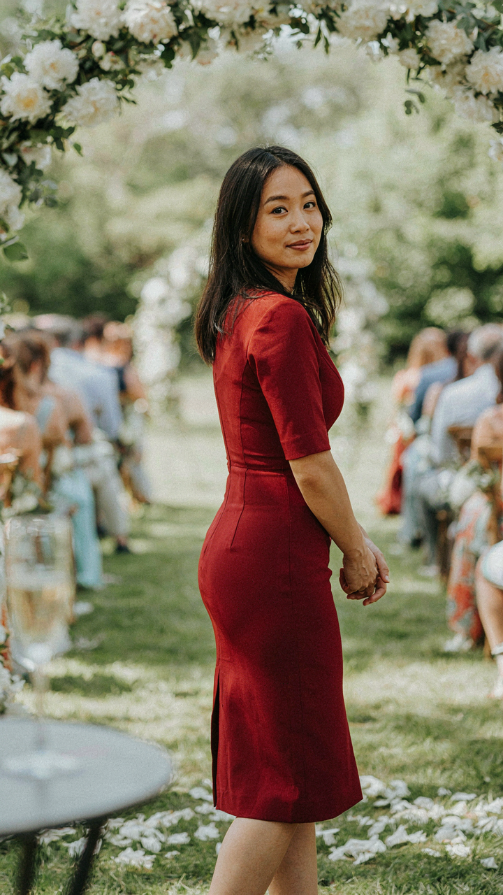 A woman in a red dress poses for wedding guest photos, showing off her outfit.