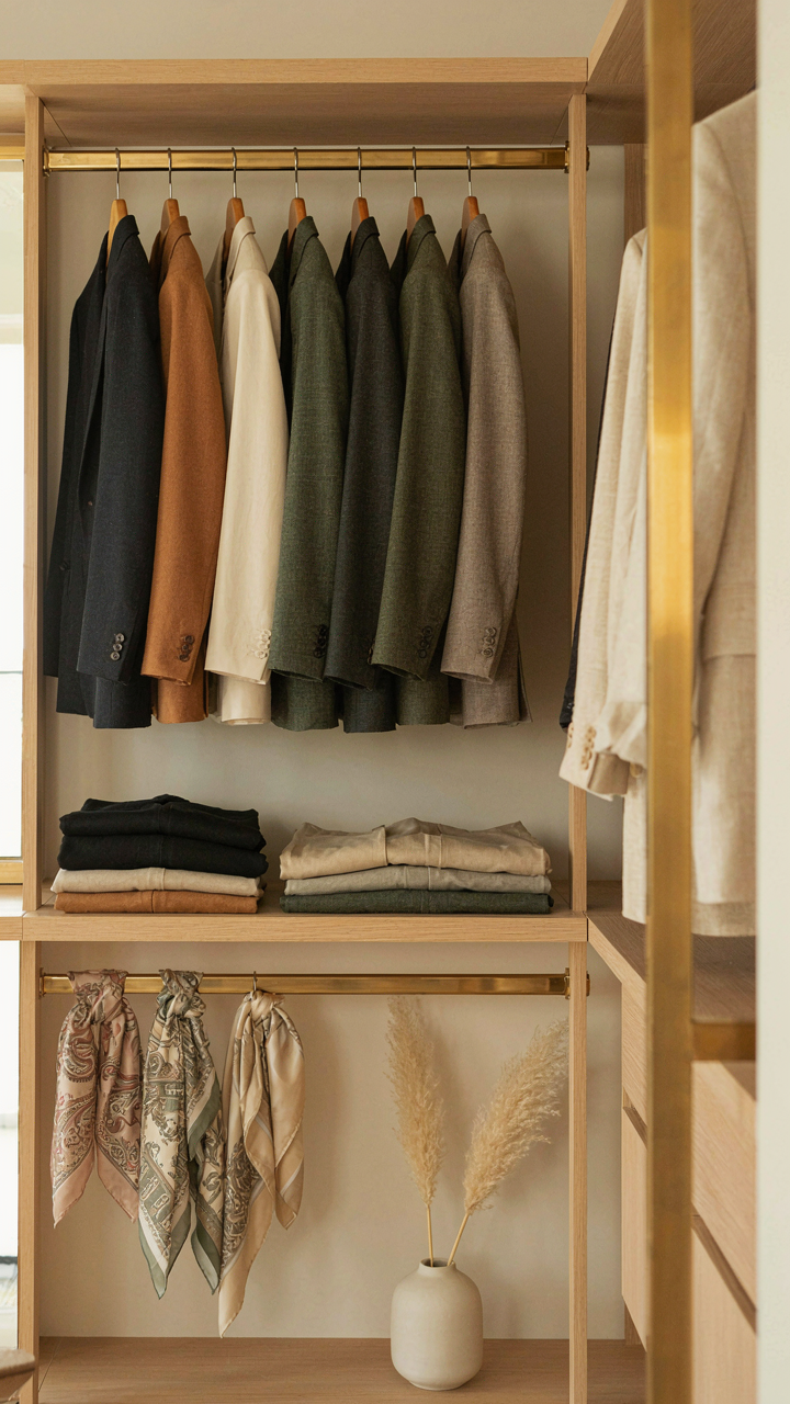 An organized closet displays a capsule wardrobe with consistent colors and tailored pieces.