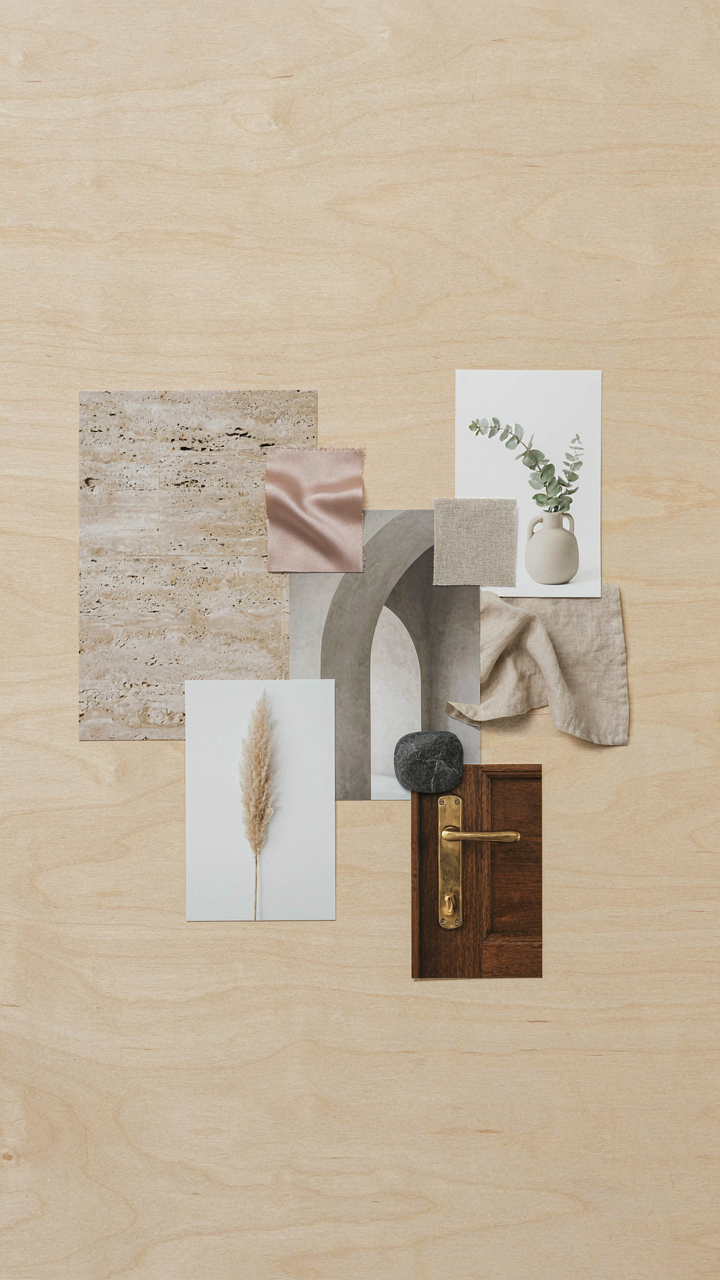 A mood board shows architectural details, textures, and art for personal style.