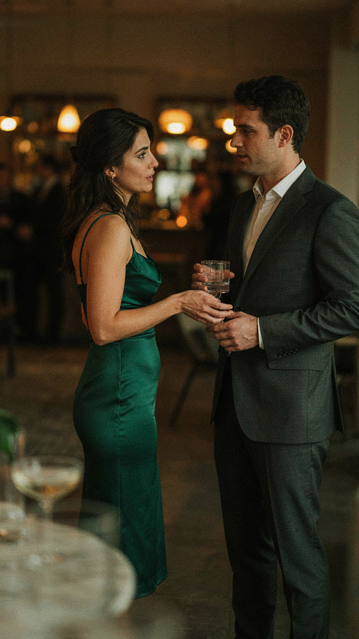 Woman in a cocktail dress leans in and touches a man's arm while talking.