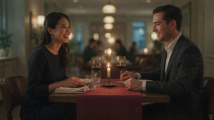 A man and woman dressed for a date night outfit fine dining meal, smiling at each other.
