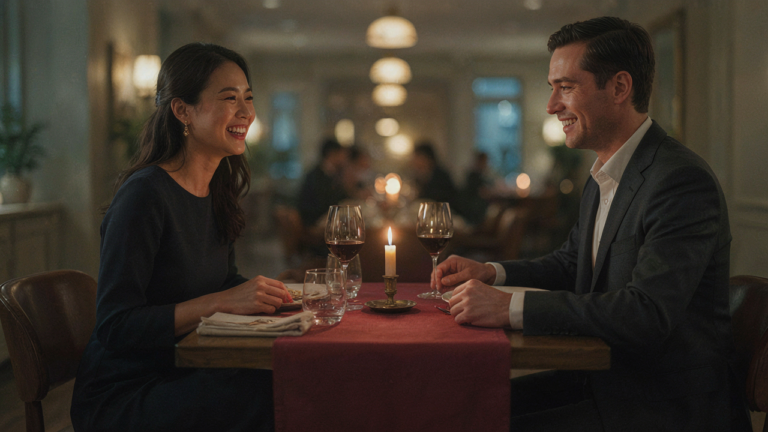 A man and woman dressed for a date night outfit fine dining meal, smiling at each other.