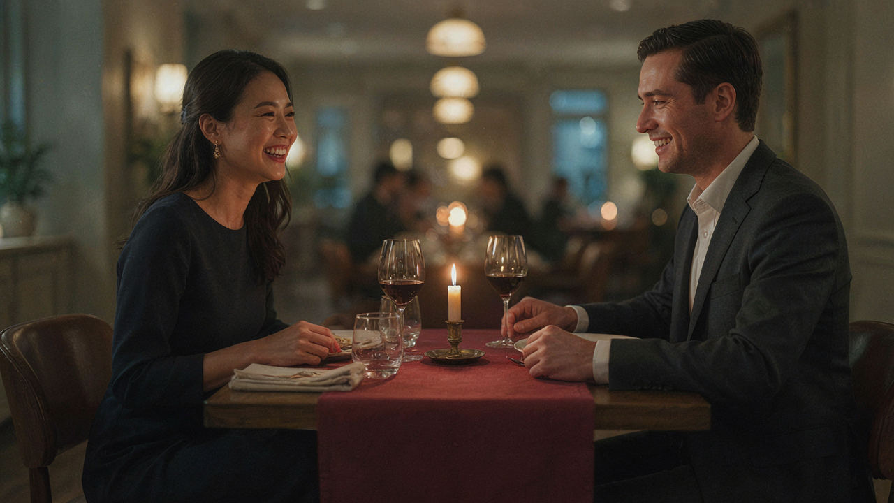 A man and woman dressed for a date night outfit fine dining meal, smiling at each other.