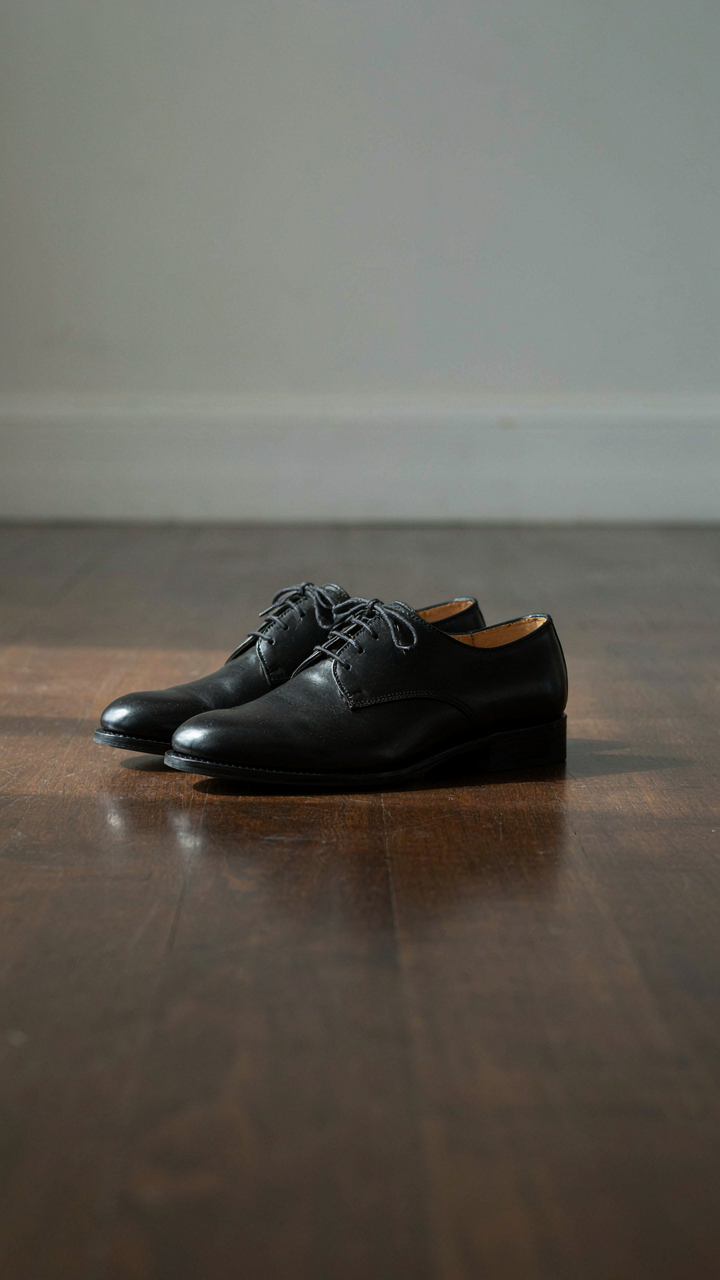 A pair of classic, polished black leather closed-toe shoes.