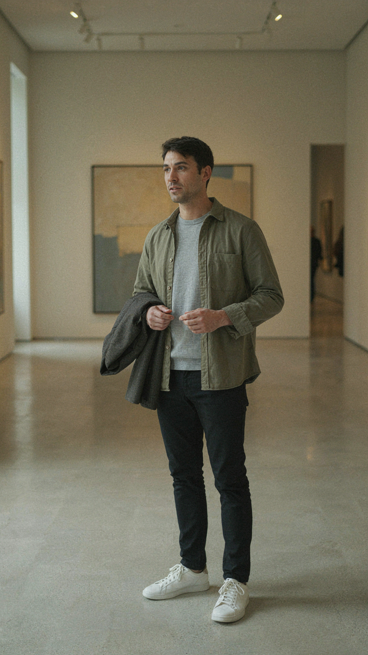 A man in a museum wears a t-shirt and mid-layer, holding a blazer.