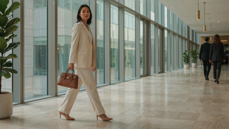 A woman in a cream blazer and trousers walks confidently in a bright, modern office.