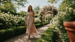 Woman in a elegant daytime wedding guest dress walks through a sunlit garden path.