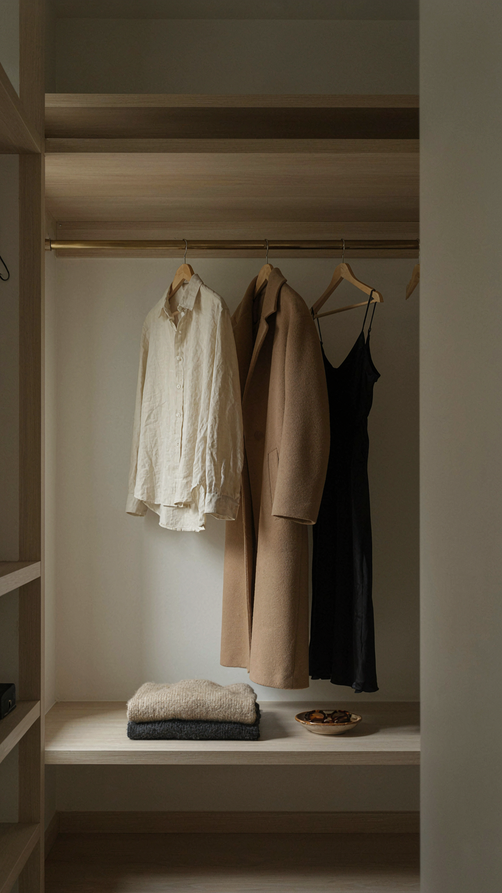 An empty, minimalist closet with only a few carefully chosen clothes on hangers.