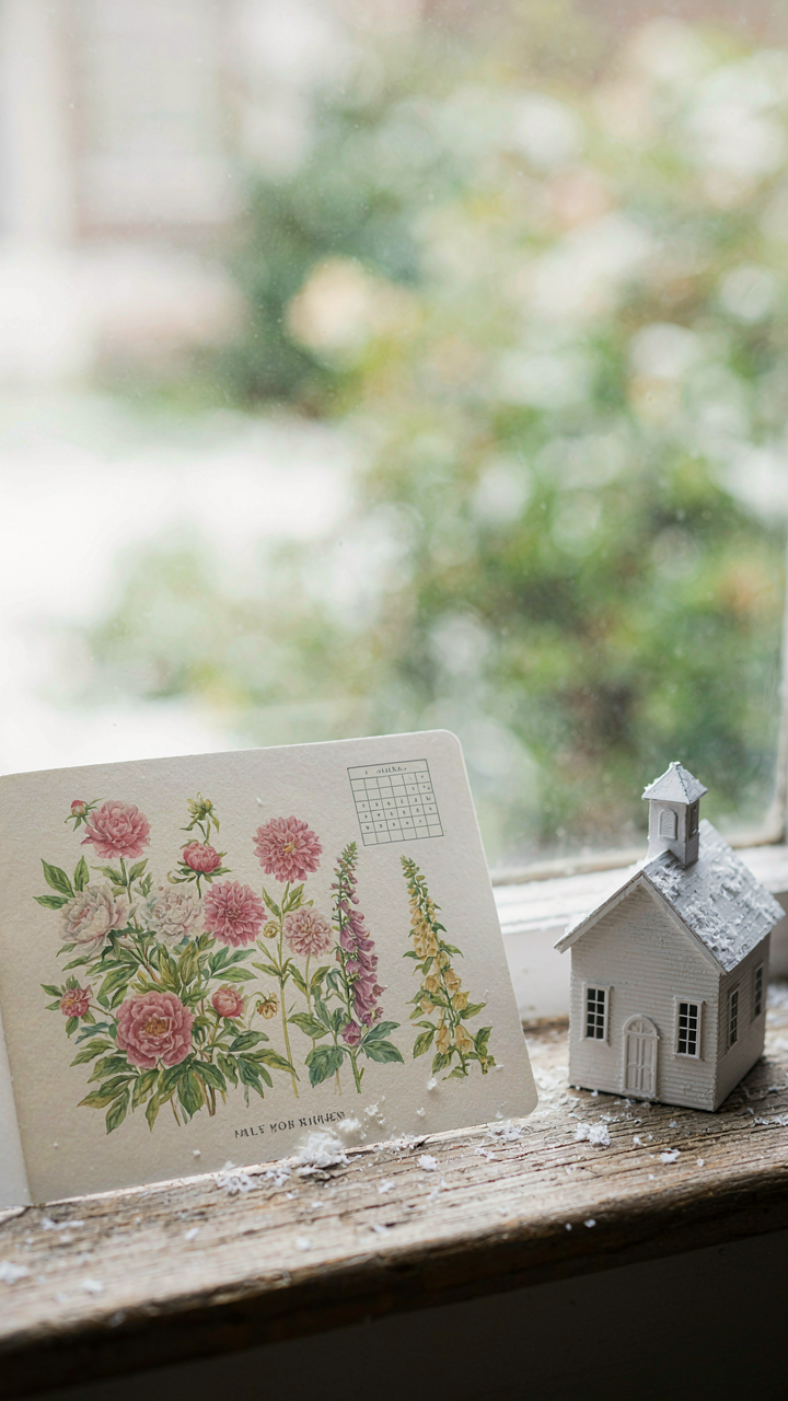 Calendar pages showing a July garden and a February courthouse scene.