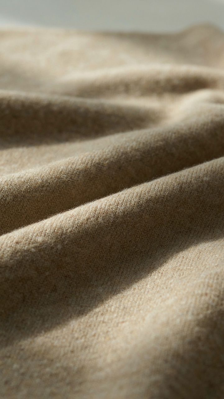 Close-up of high-quality merino wool fabric, showing its fine weave and texture.
