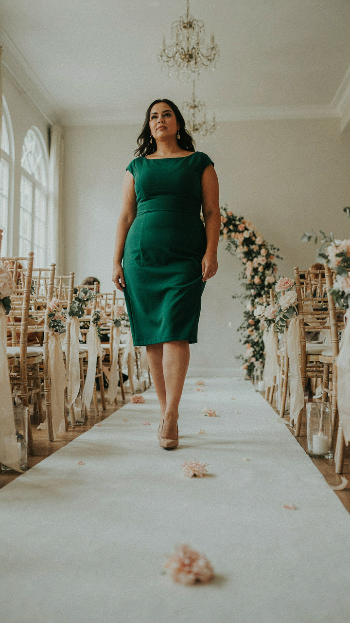 A plus size wedding guest in a jewel-toned dress walks through an indoor venue.