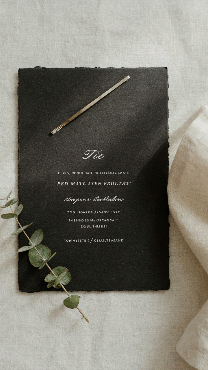 A small metal barrette sits on a black tie wedding invitation.