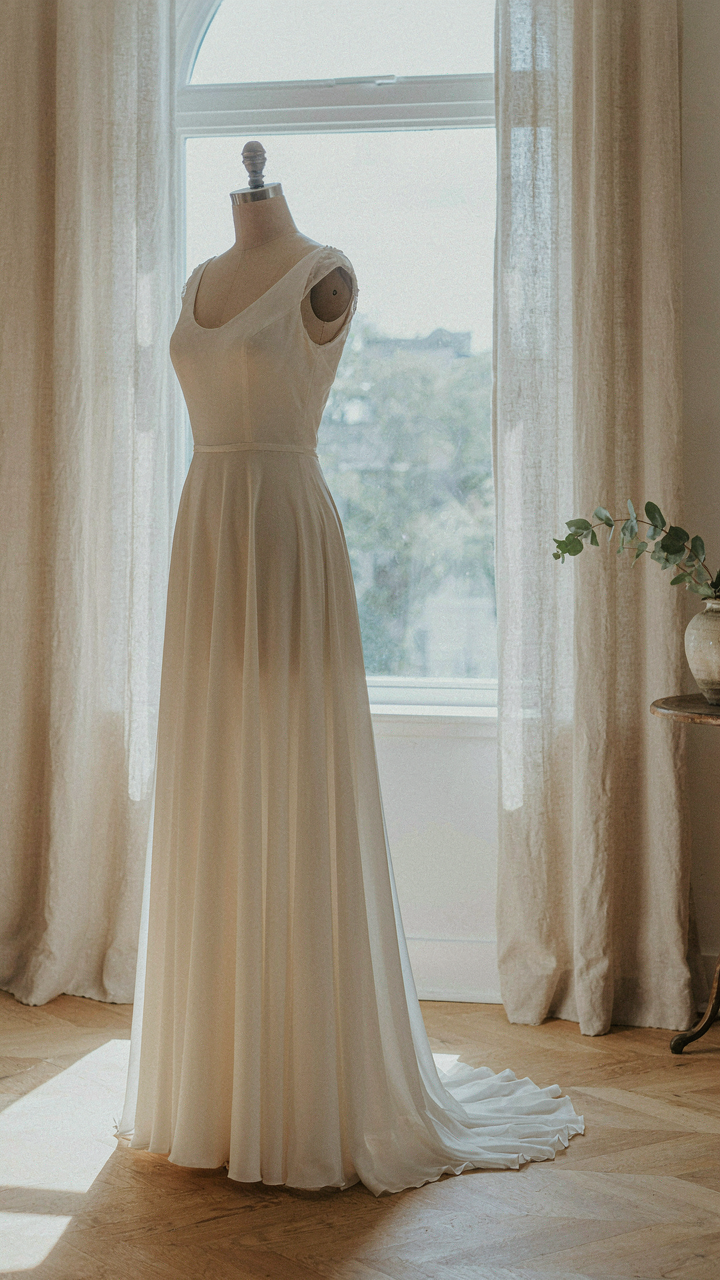 A long, flowing chiffon gown on a dress form for a formal event.