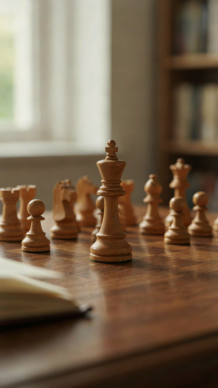 A unique, intricate king chess piece standing out on a chessboard.