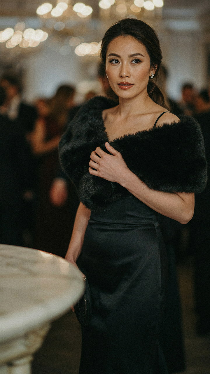 A woman wears a black faux fur stole over an elegant evening gown.