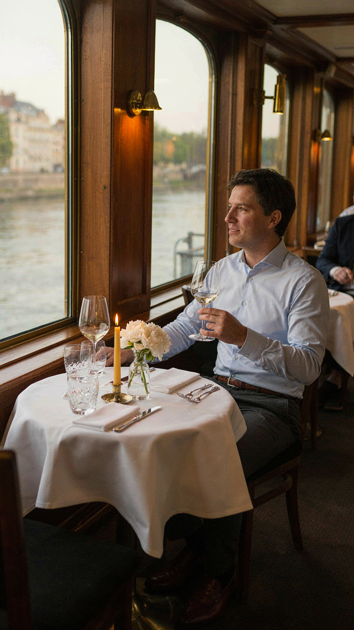 A guest in smart casual attire dines in a river cruise dining room.