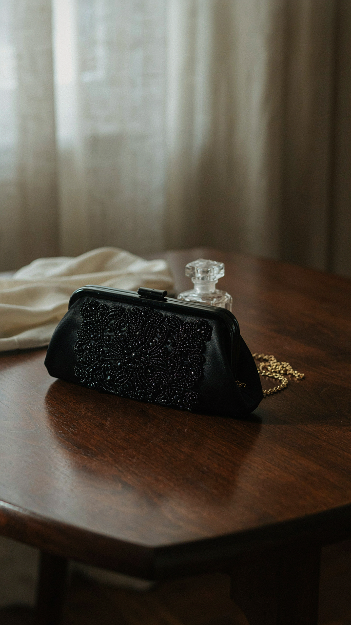 A lustrous black satin clutch with beading rests on a dark table.