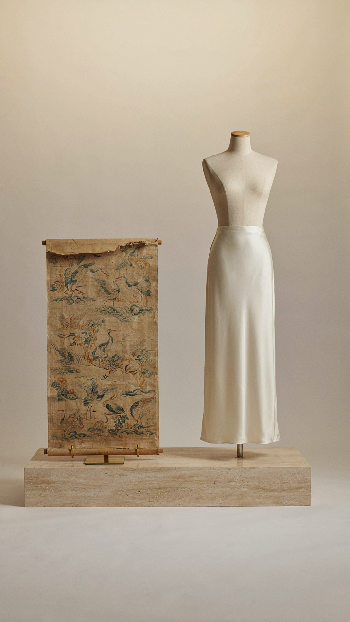Ancient silk scrolls next to a modern satin midi skirt in a museum display.