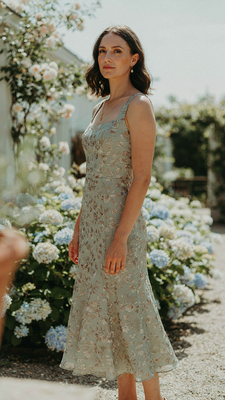 Woman in a well-fitted, confident midi wedding guest dress.