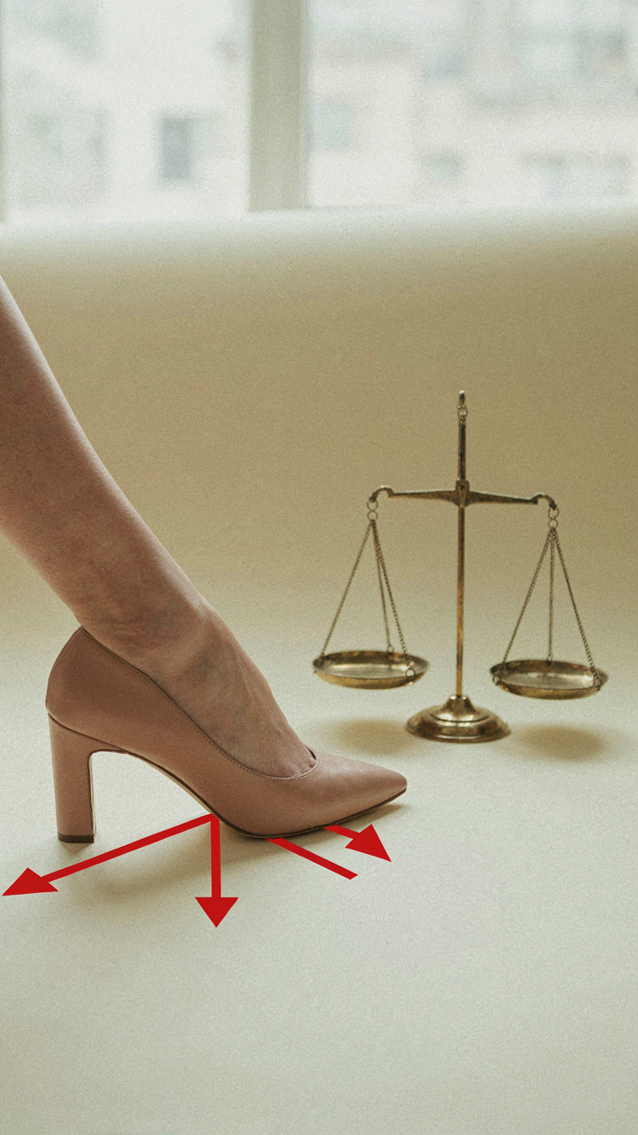 A diagram shows weight distributed evenly across a foot wearing a block heel.