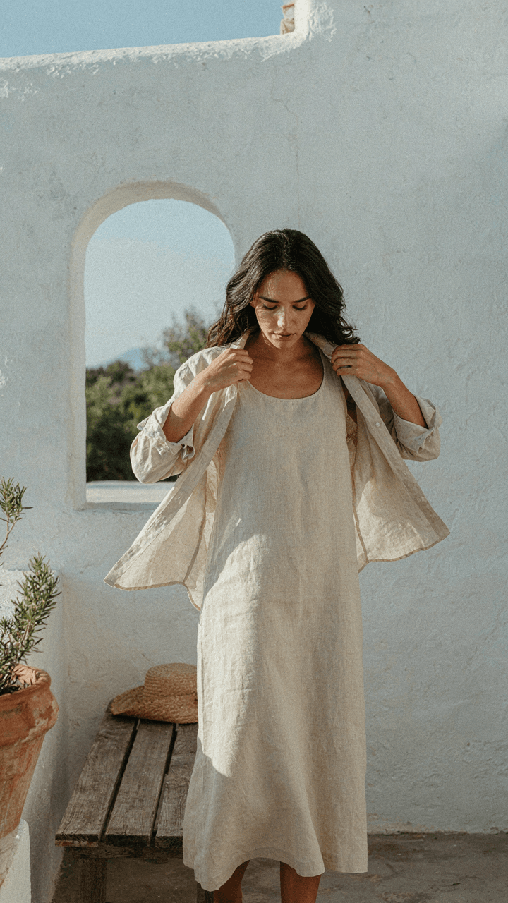 Woman in a linen dress drapes a matching linen shirt jacket over her shoulders.