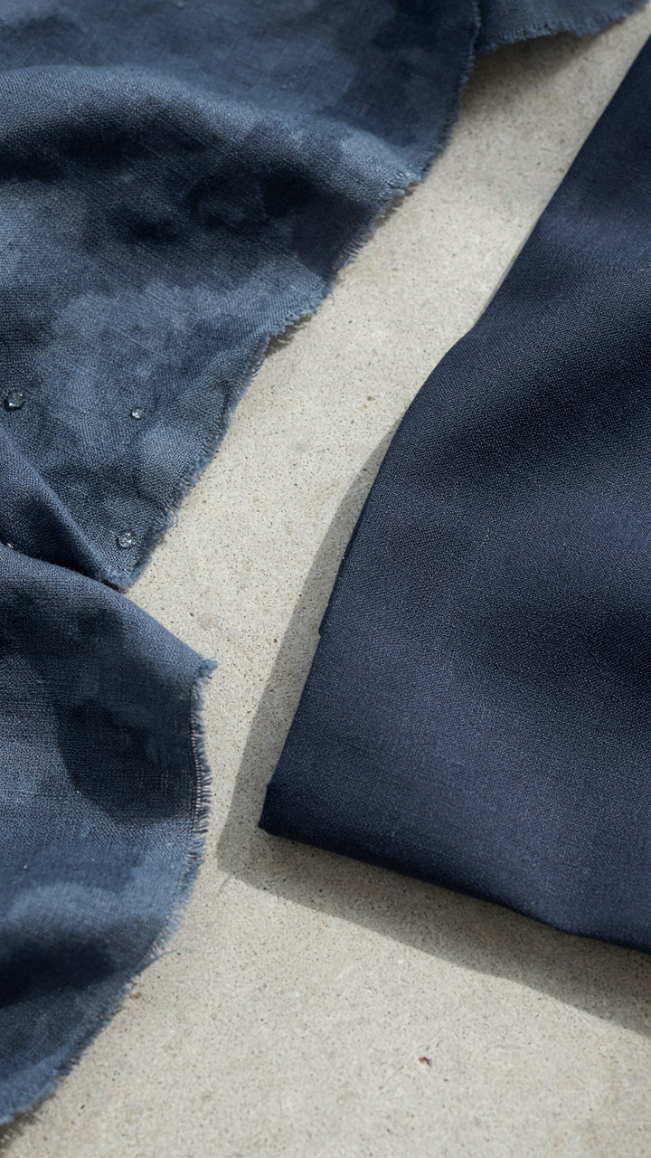 A limp linen fabric swatch contrasts with a structured synthetic fabric, showing humidity's effect.