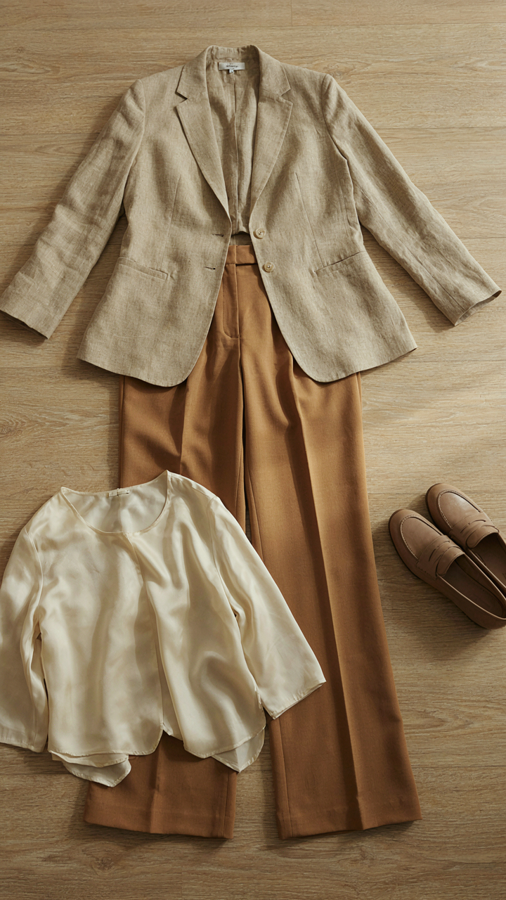 A woman strategically arranges upscale casual clothing items for a coordinated look.