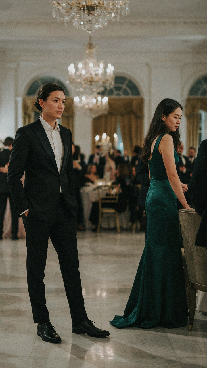 Woman in a tuxedo suit observing another in a floor-length gown at a gala.