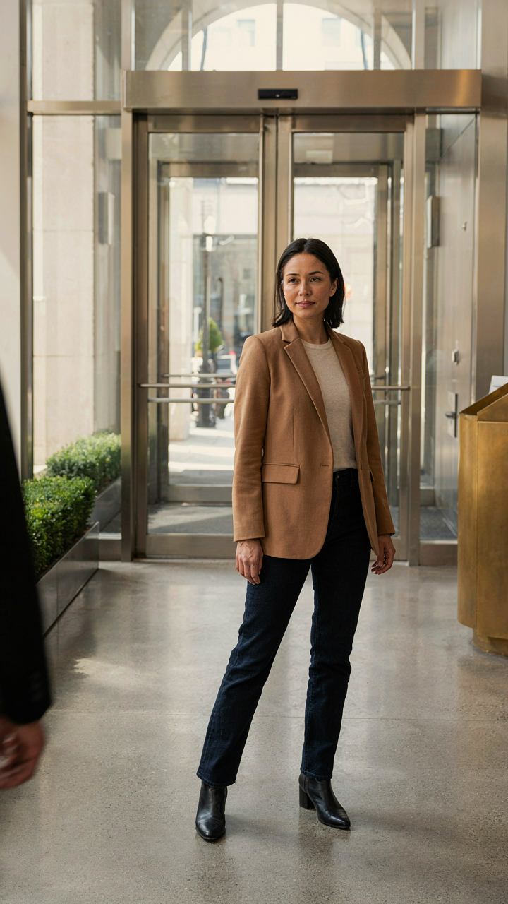 Woman in a smart casual outfit confidently entering a theater lobby.
