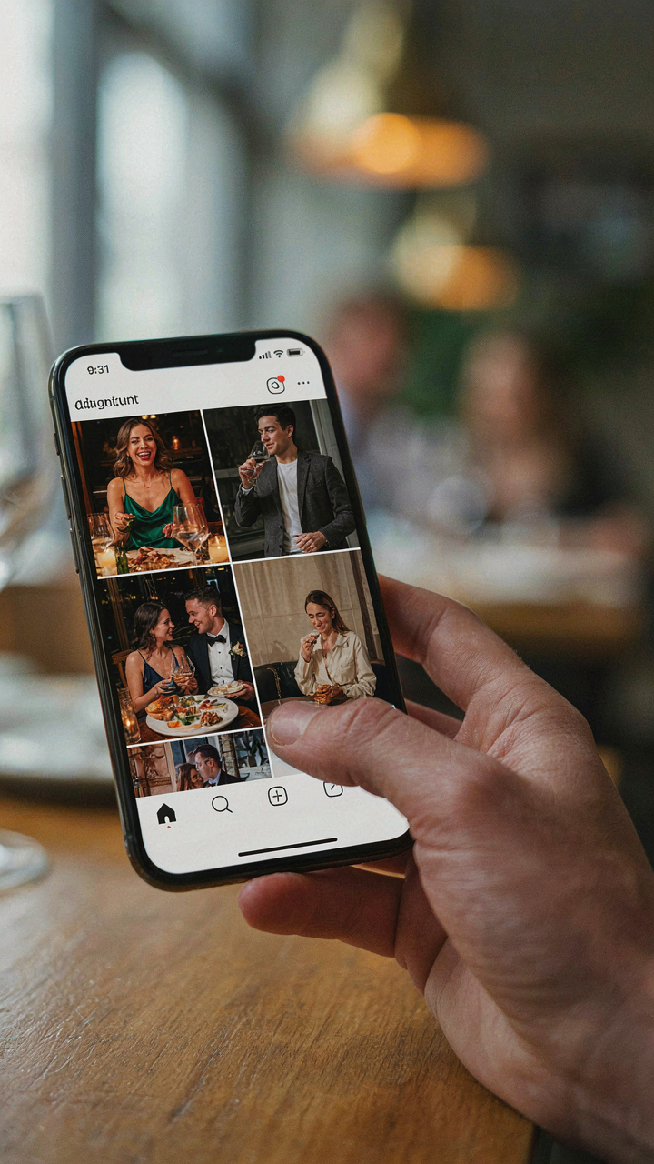 A hand scrolls through a restaurant's social media with photos of diners.
